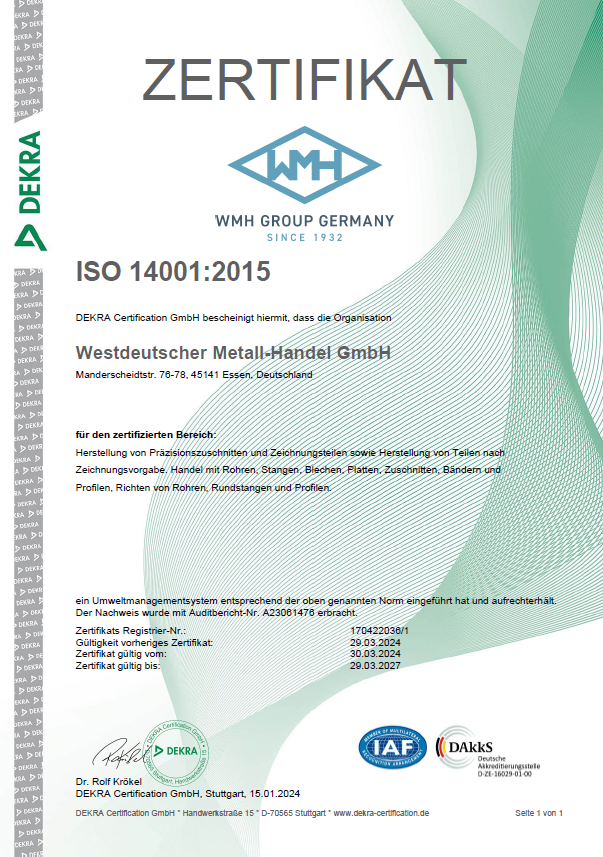 ISO 14001 Zertifikat für die WMH Group Germany